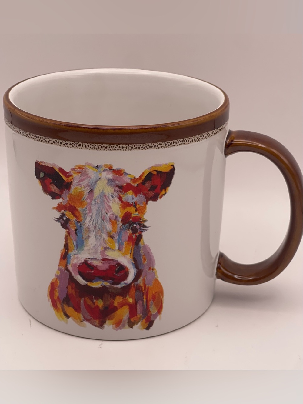Mainstays Colorful Cow Coffee Mug Highland Cow Art Mug w/Brown Trim 16 oz